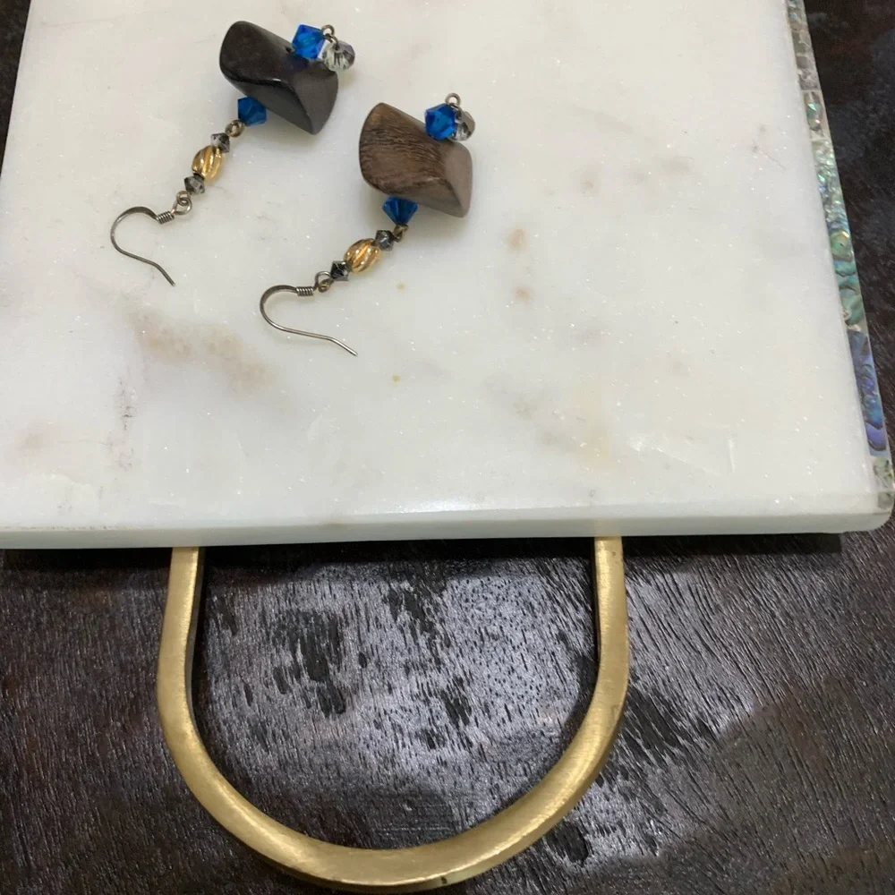 Boho dangly brown wood, royal blue Swarovski crystal bead dangle earrings